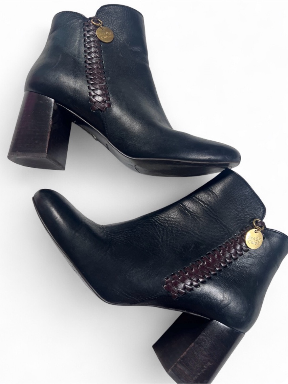SEE By Chloe Louise Leather Block Heel Bootie black and brown 38